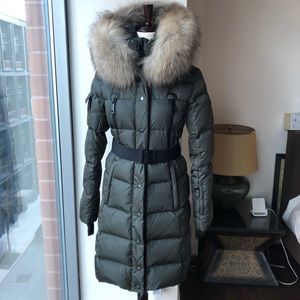 SAM. Olive Green Long Puffer Coat with Fur Hood